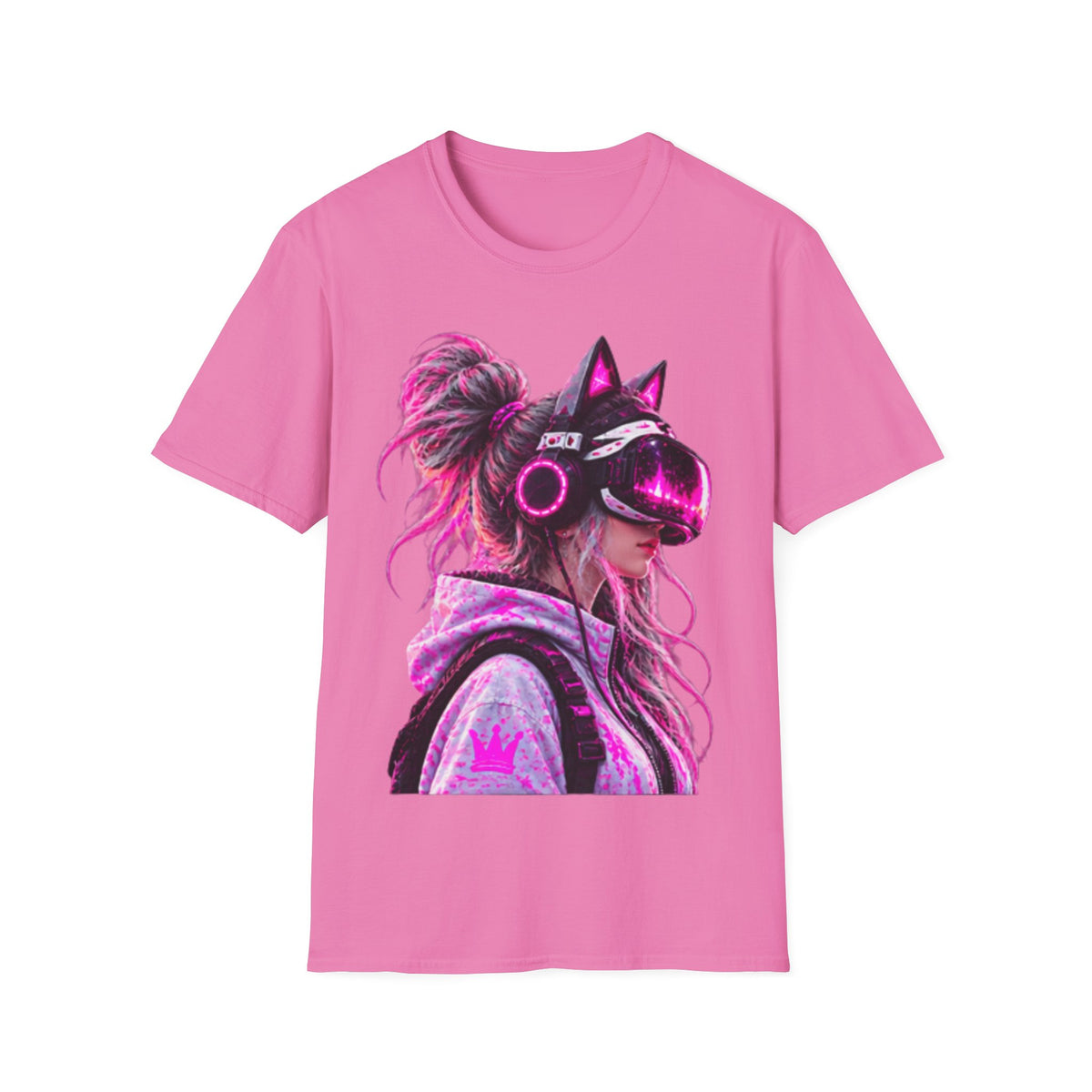 Cat VR Gamer Adult T‑Shirt — Neon Pink Cyberpunk Kitty Gamer Tee