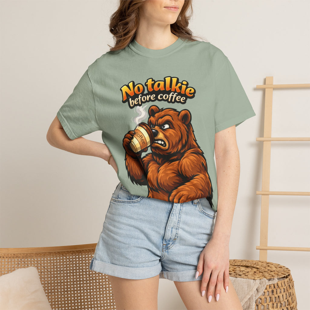 Adult T-Shirt — "No Talkie Before Coffee" Bear Graphic