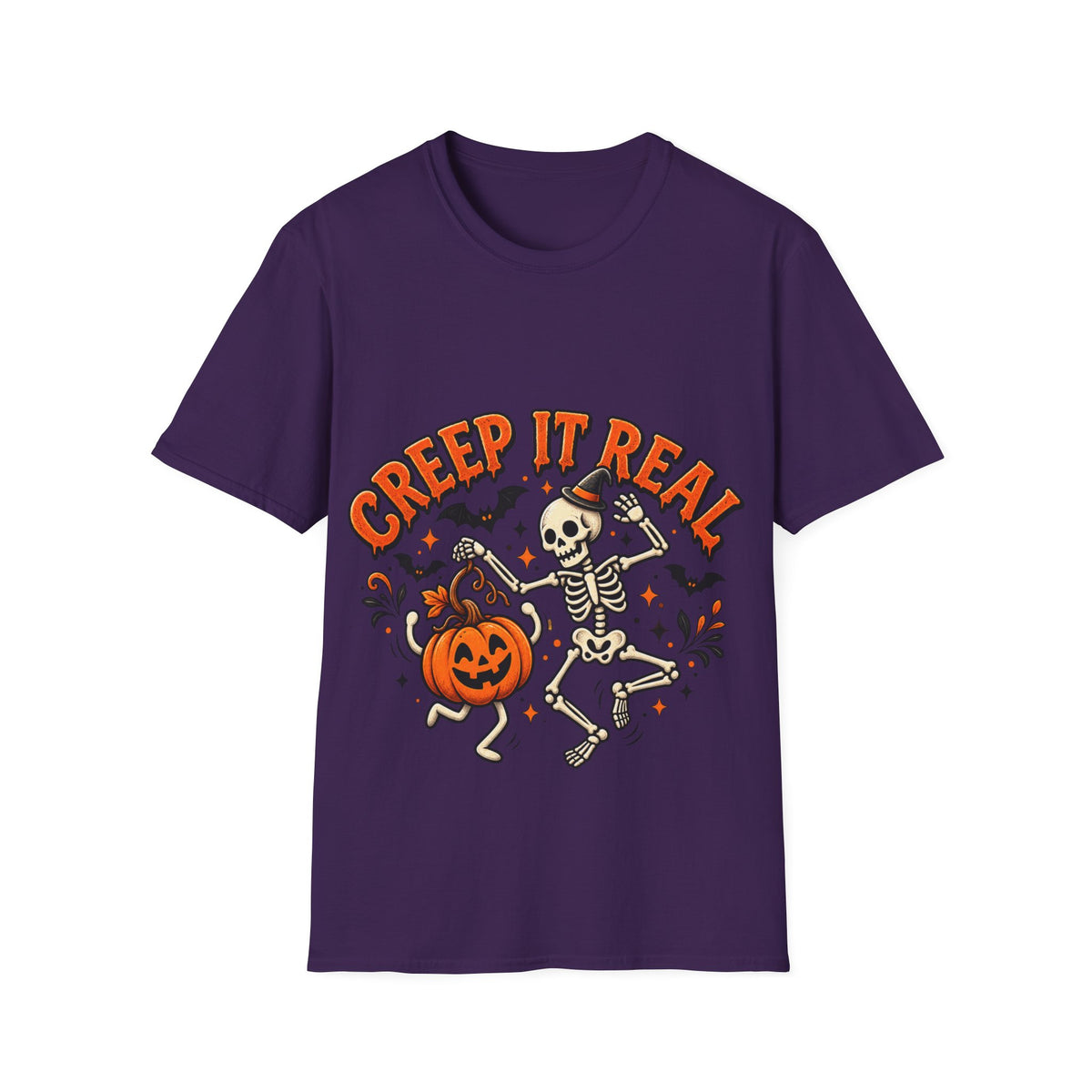 Creep It Real Halloween Adult T-Shirt — Dancing Skeleton & Pumpkin Graphic