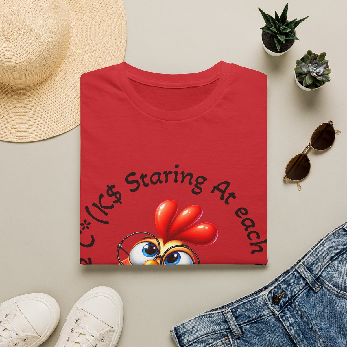 Chicken Cartoon Adult T-Shirt — "Staring At Each Other" Cute Funny Graphic Tee