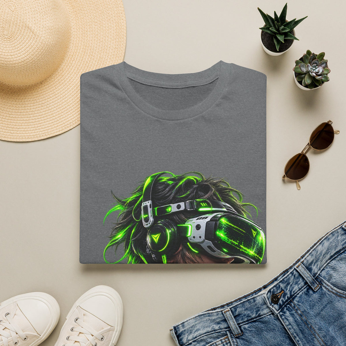 Cyberpunk VR Gamer Adult T-Shirt — Neon Green Virtual Reality Jacket Design