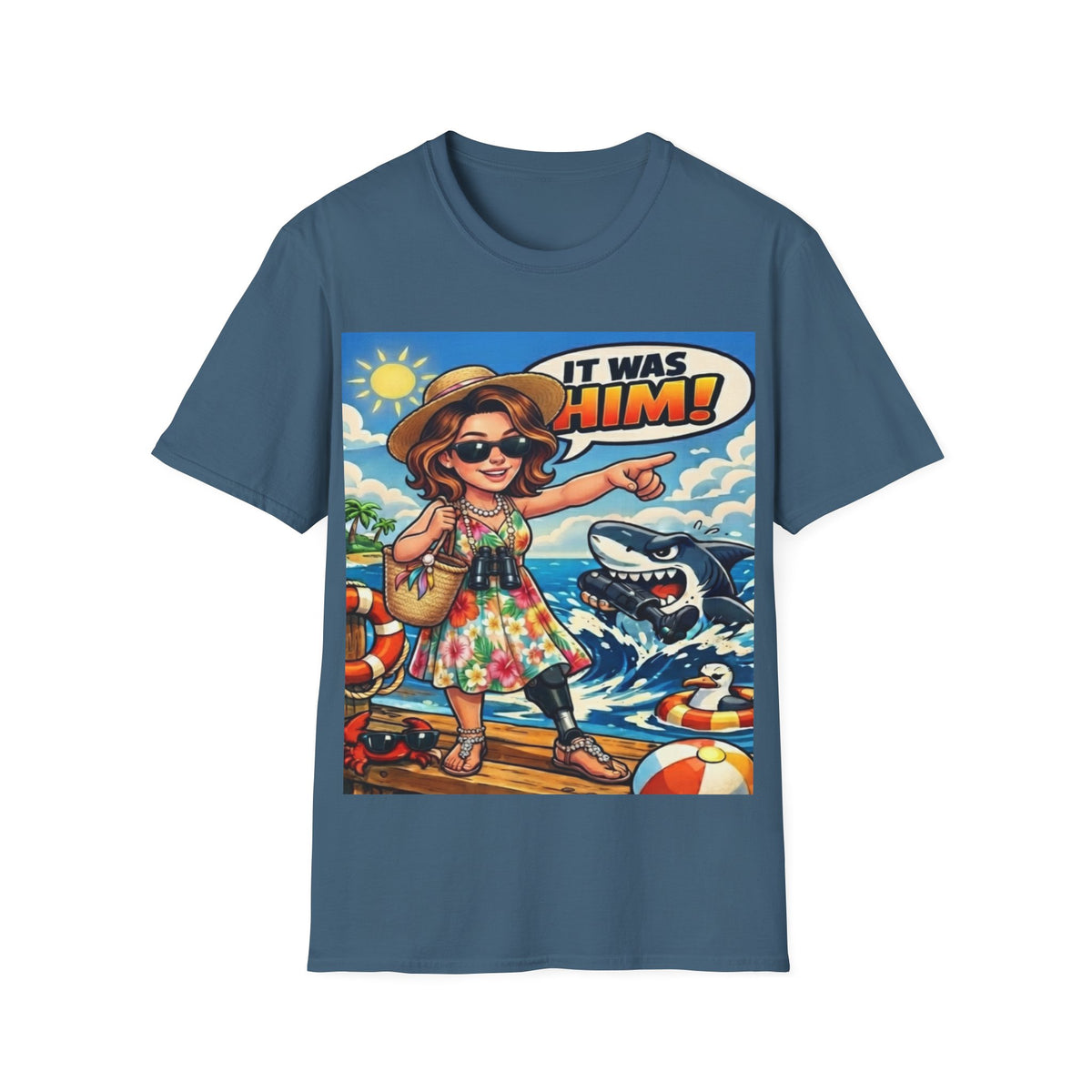 Adult T-Shirt — 'It Was Him!' Beach Shark Graphic Tee