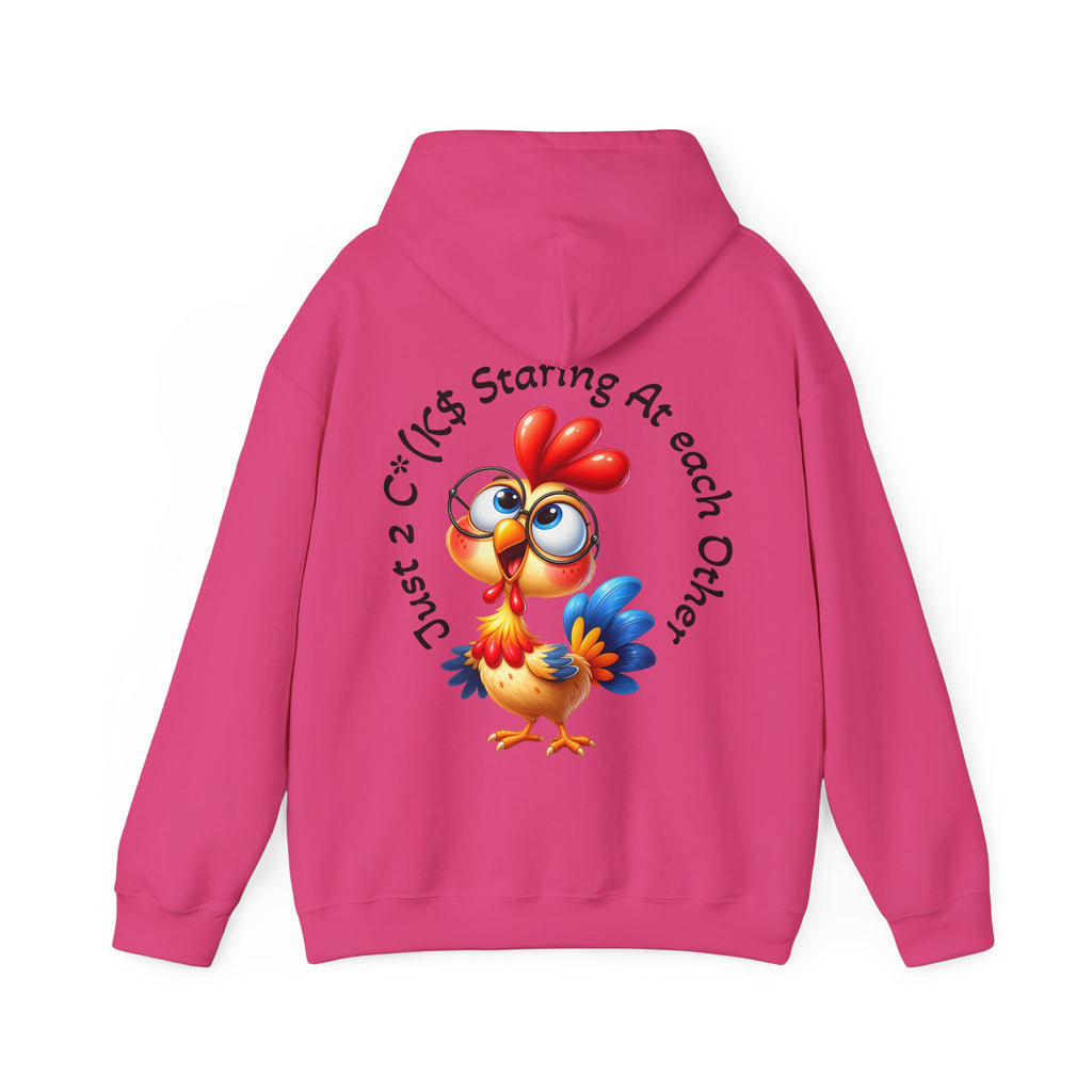 Adult Hoodie — Cute Cartoon Chicken “Just 2 C*#ks Staring At Each Other” Funny Graphic Hoodie