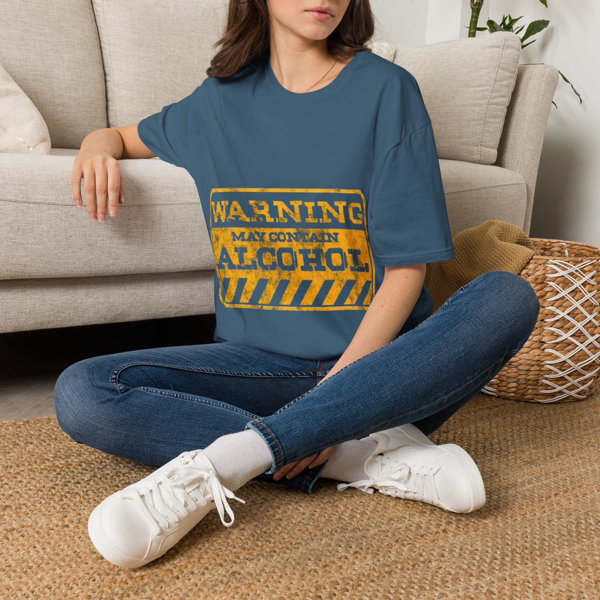 Adult T-Shirt — "WARNING: May Contain Alcohol" Distressed Graphic Tee