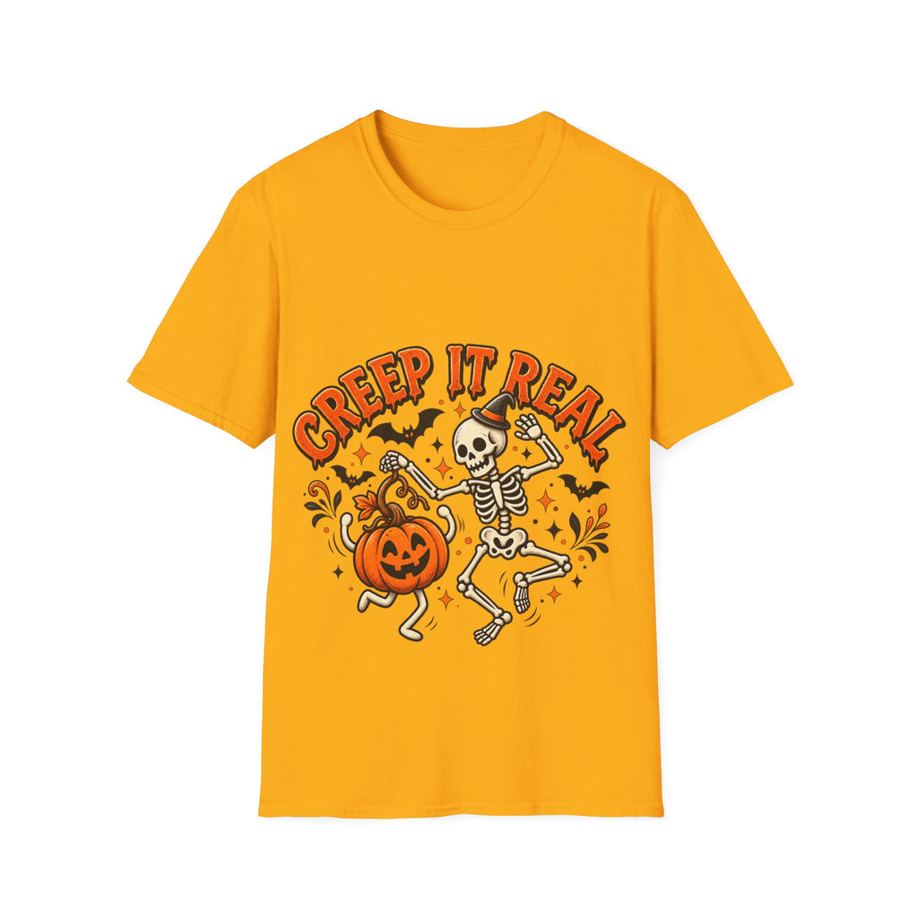 Creep It Real Halloween Adult T-Shirt — Dancing Skeleton & Pumpkin Graphic