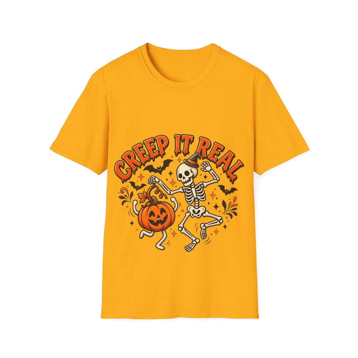 Creep It Real Halloween Adult T-Shirt — Dancing Skeleton & Pumpkin Graphic