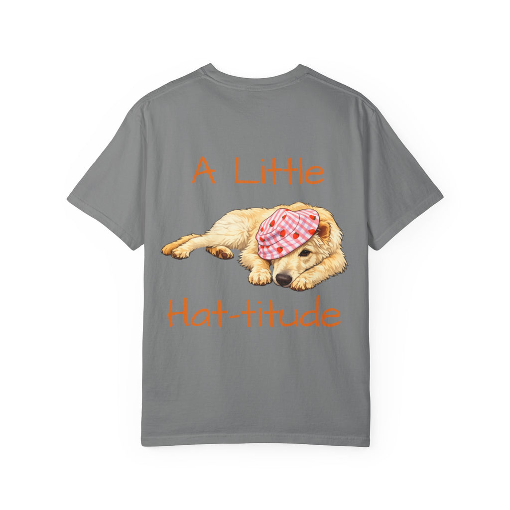 A Little Hat-Titude Puppy Adult T-Shirt | Cute Dog with Pink Hat, Paw Print