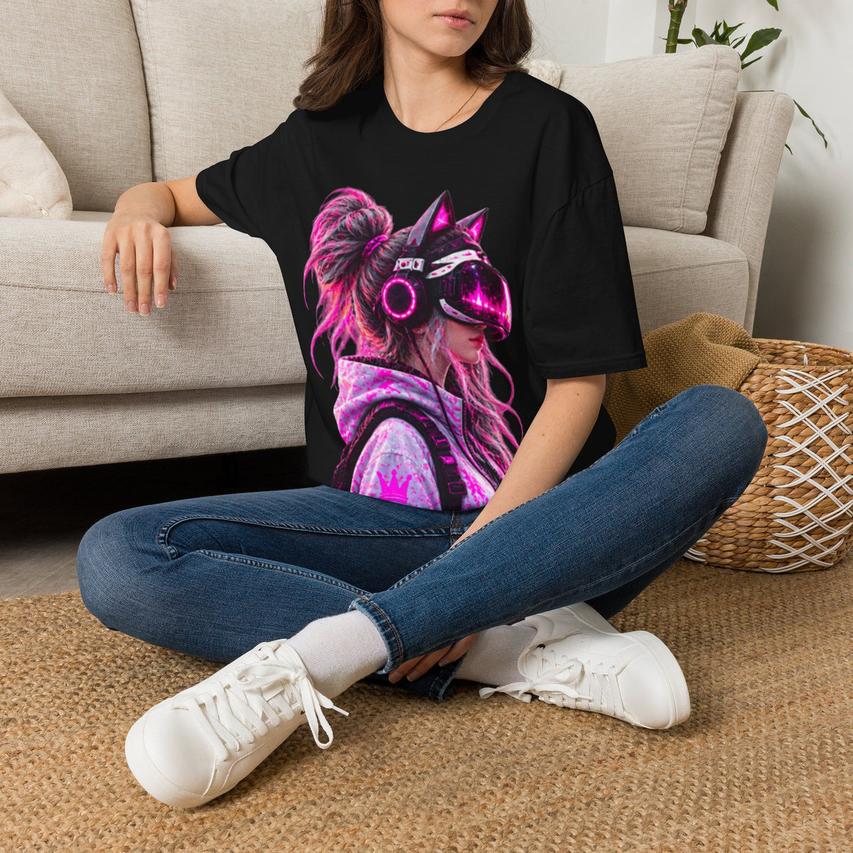 Cat VR Gamer Adult T‑Shirt — Neon Pink Cyberpunk Kitty Gamer Tee