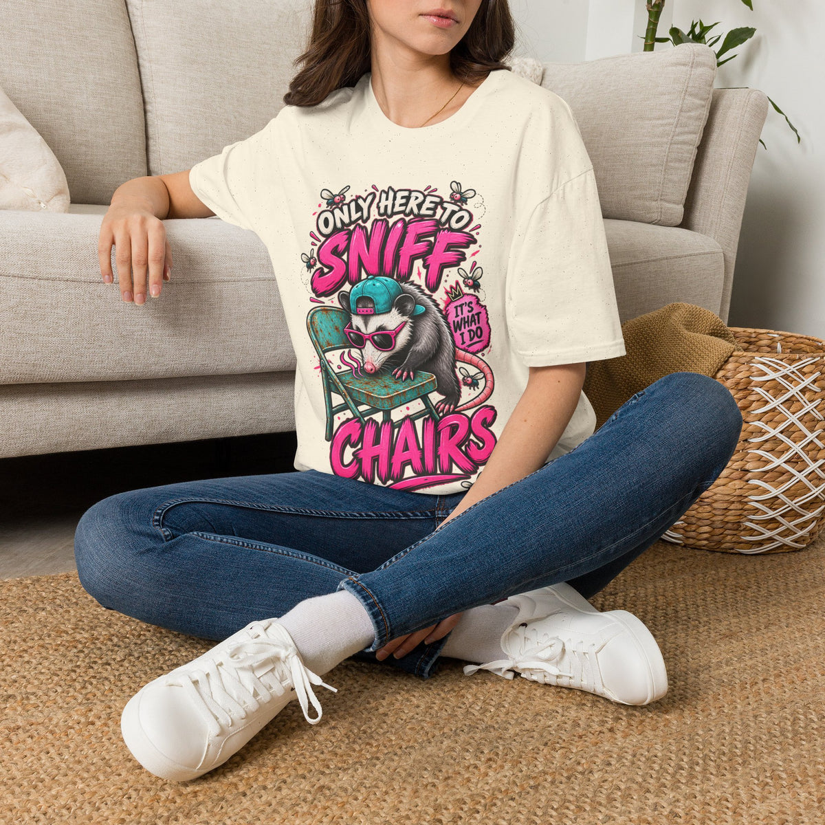 Adult T-Shirt — "Only Here to Sniff Chairs" Cute Ferret Graphic Tee