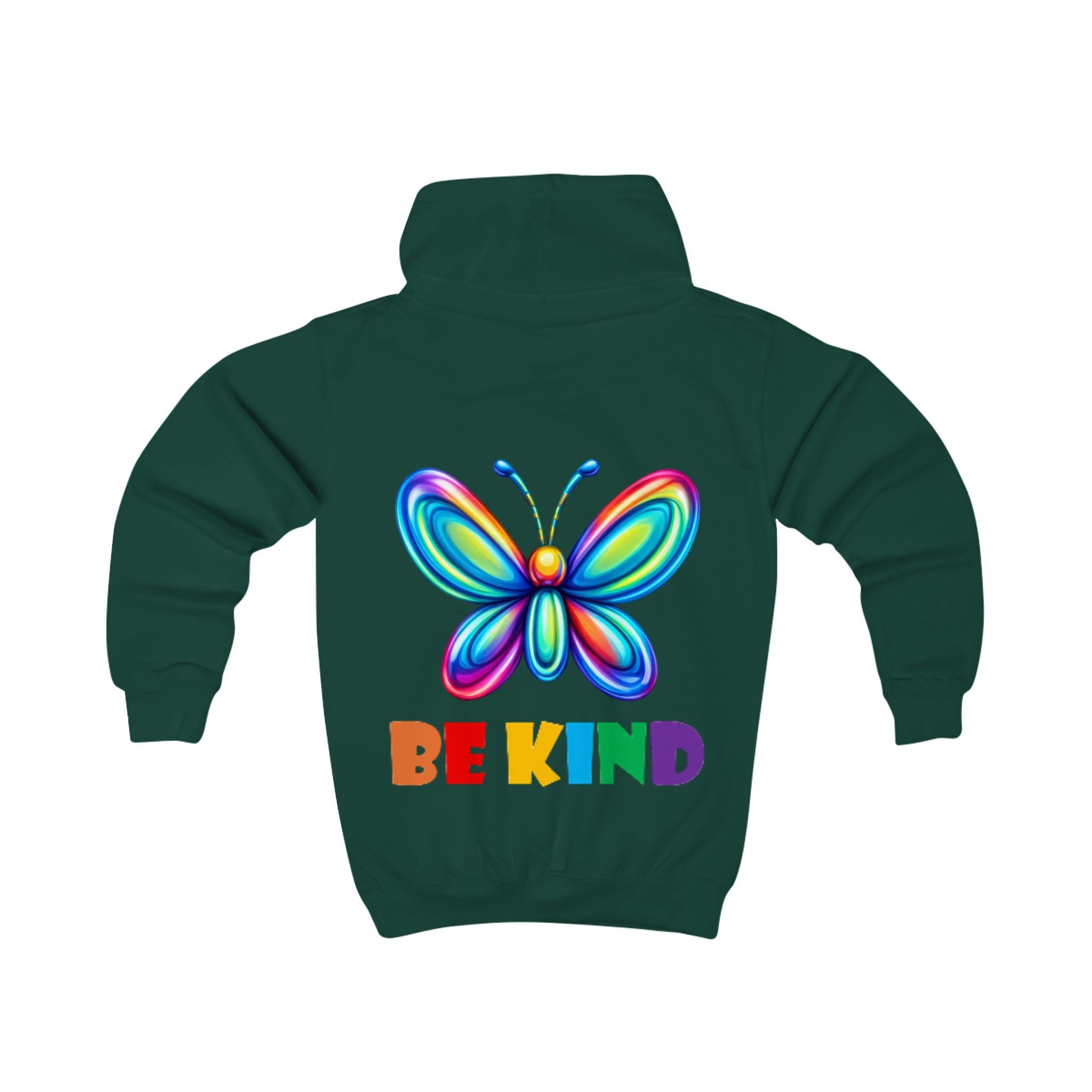Rainbow Butterfly BE KIND Kids Hoodie | Positive Message, Colorful Back Print