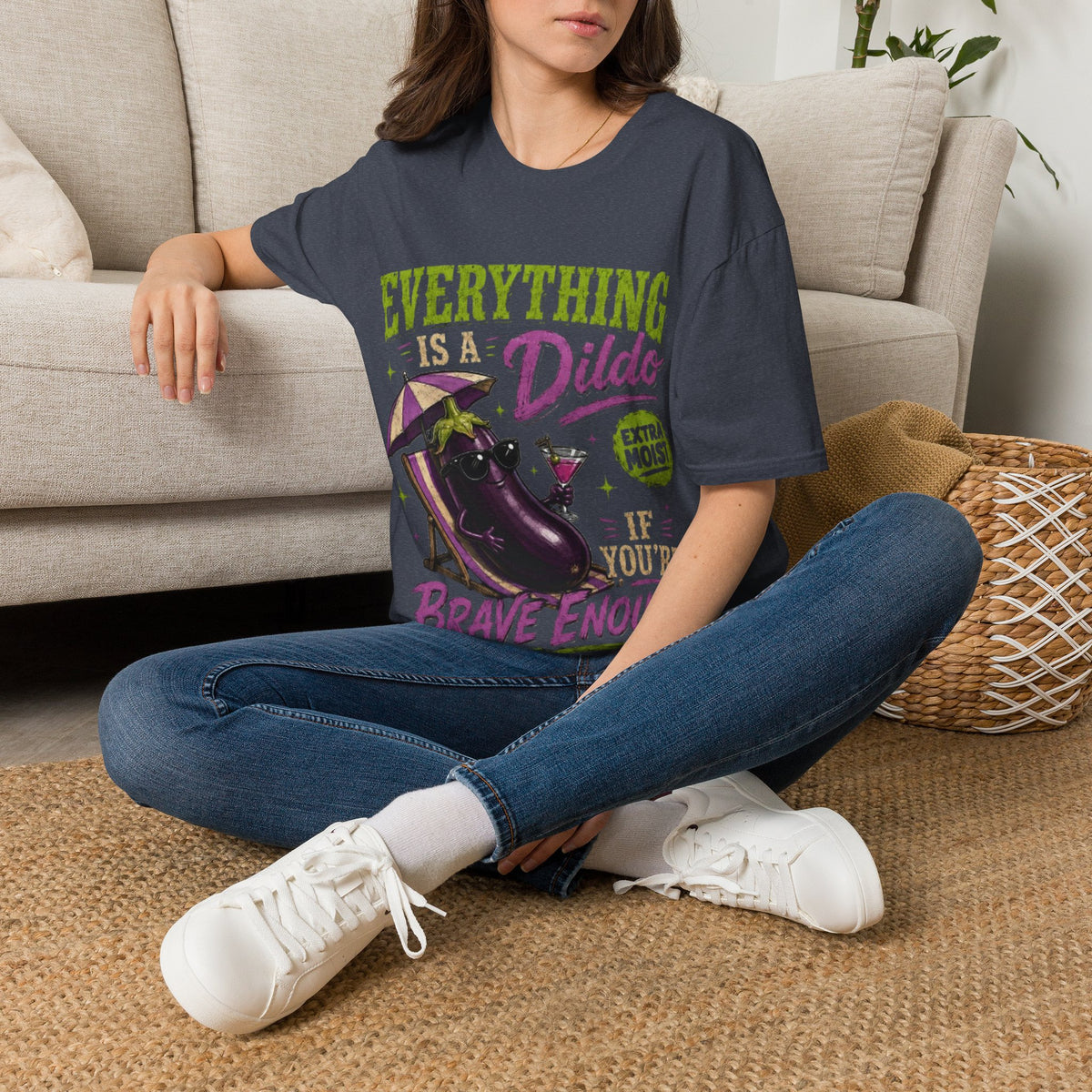 Graphic Adult T‑Shirt — "Everything Is a Dildo" Humorous Eggplant Design