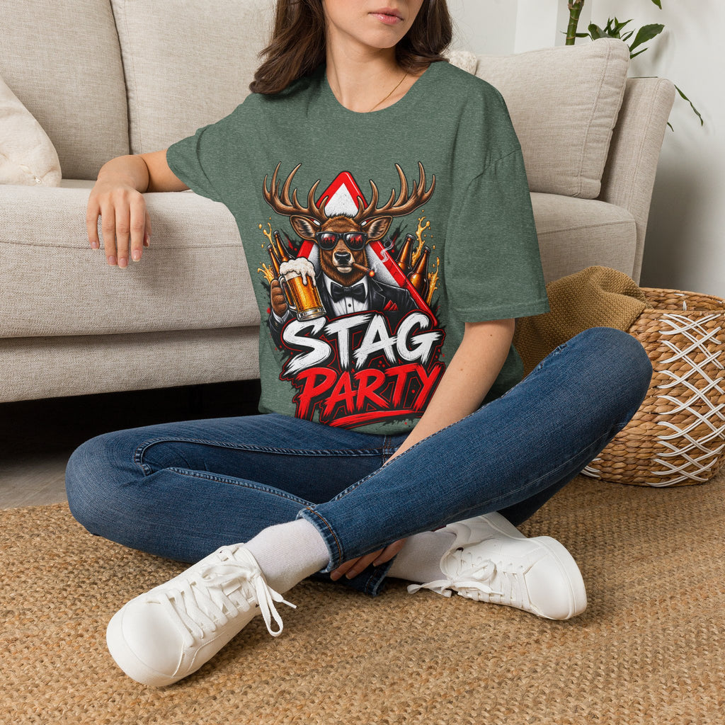 Stag Party Adult T-Shirt — Funny Beer-Drinking Deer Graphic Tee for Bachelor Parties