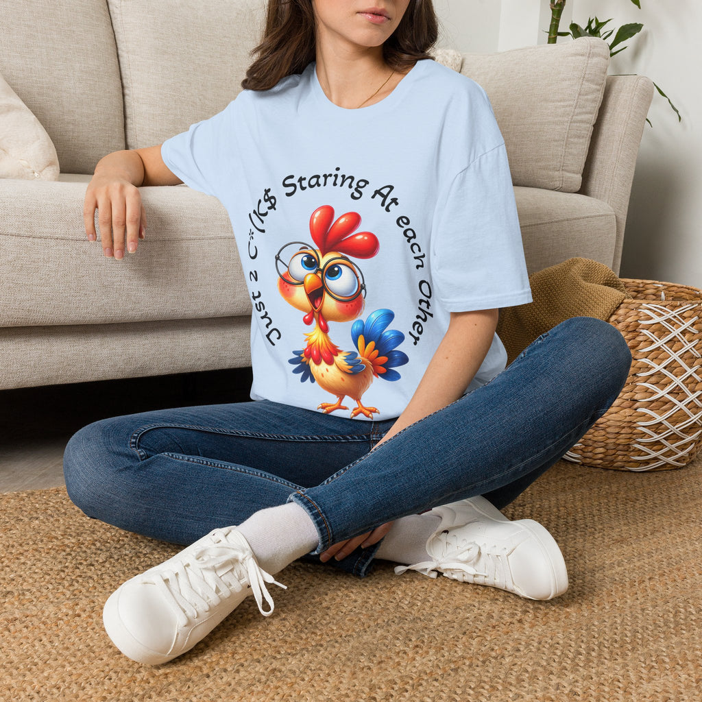 Chicken Cartoon Adult T-Shirt — "Staring At Each Other" Cute Funny Graphic Tee
