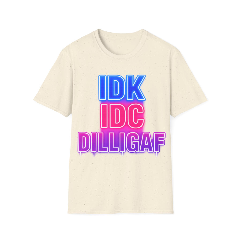 IDK IDC Dilligaf Graphic Adult T-Shirt – Neon Retro Statement Tee