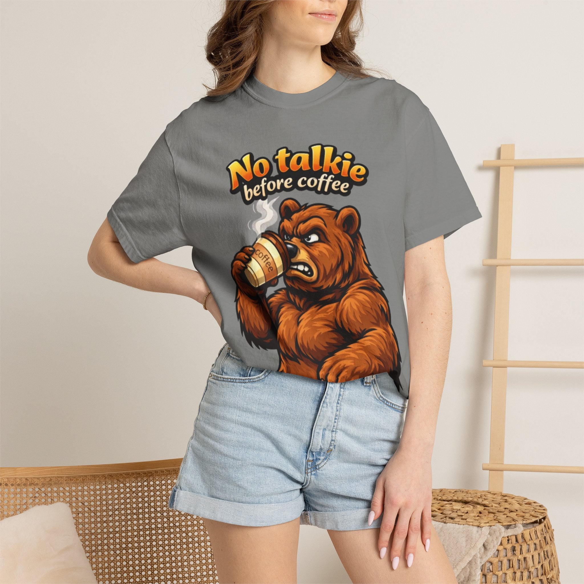 Adult T-Shirt — "No Talkie Before Coffee" Bear Graphic