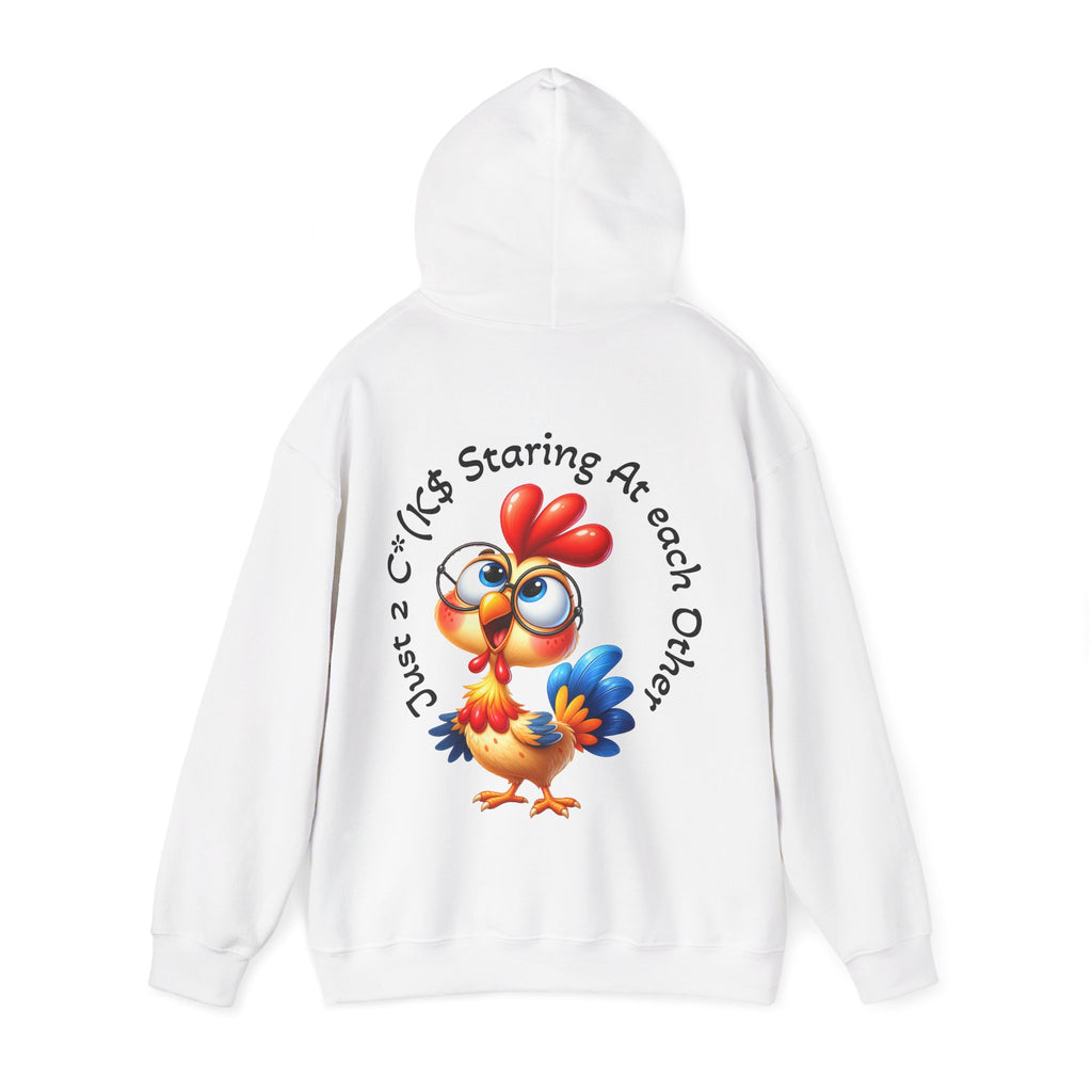 Adult Hoodie — Cute Cartoon Chicken “Just 2 C*#ks Staring At Each Other” Funny Graphic Hoodie