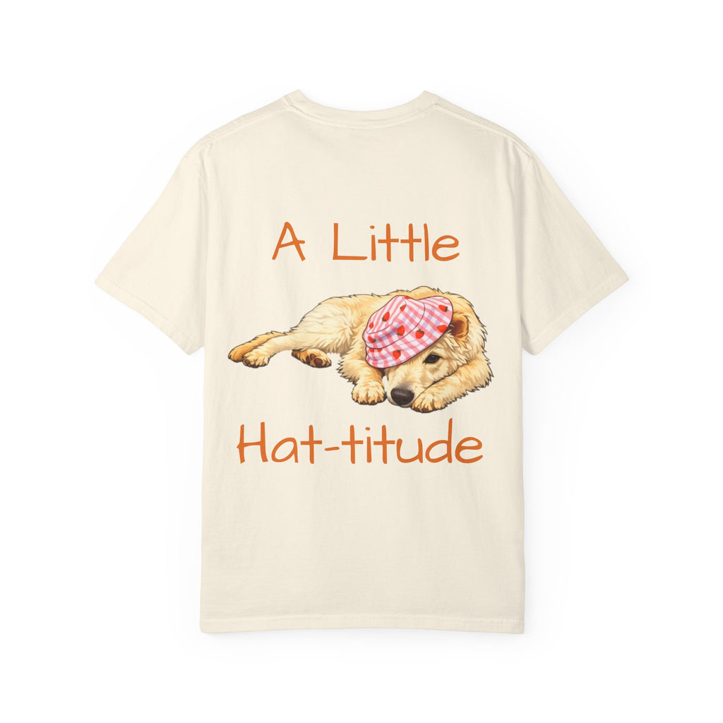 A Little Hat-Titude Puppy Adult T-Shirt | Cute Dog with Pink Hat, Paw Print