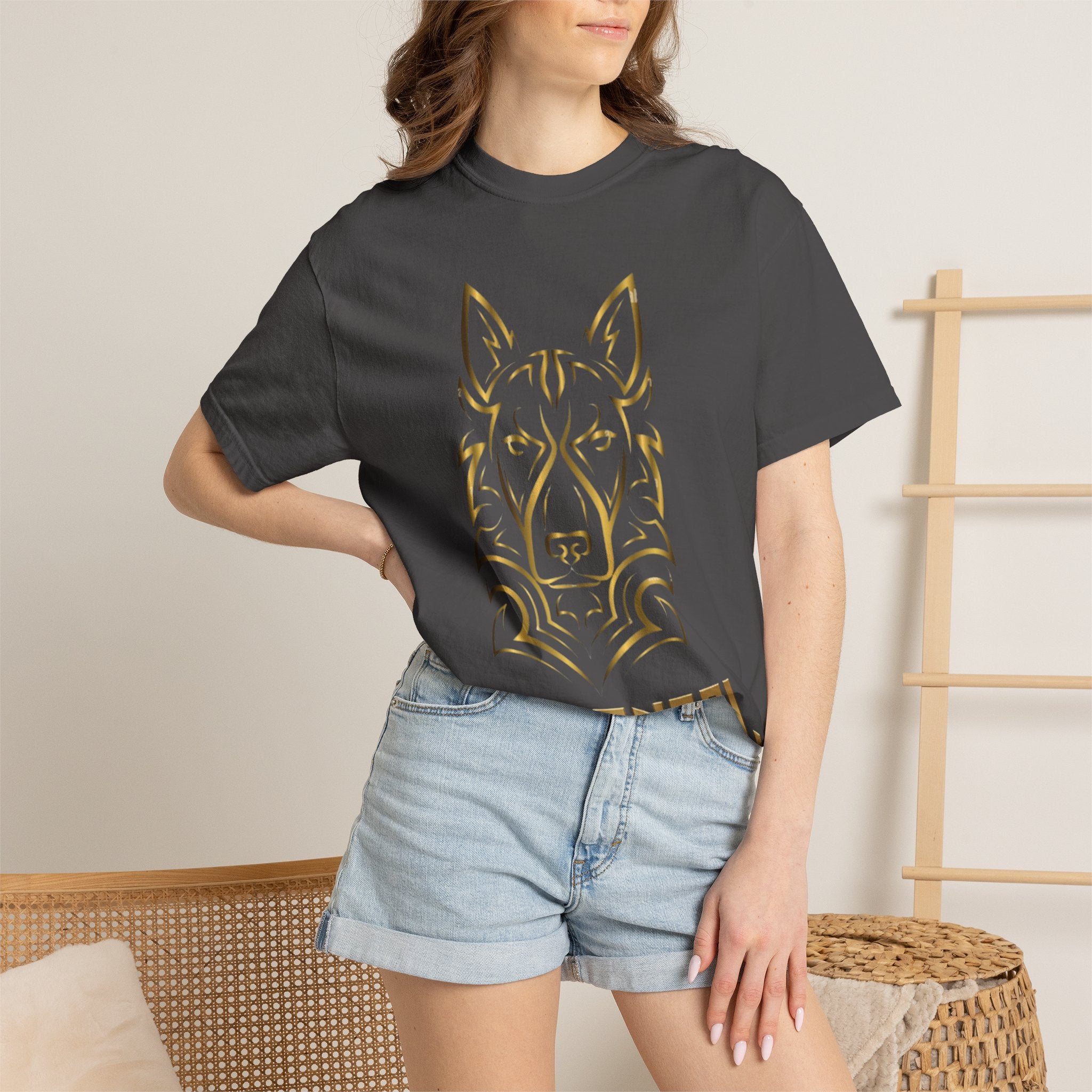 The Angel Wolf Adult T-Shirt — Gold Line Art Graphic Tee