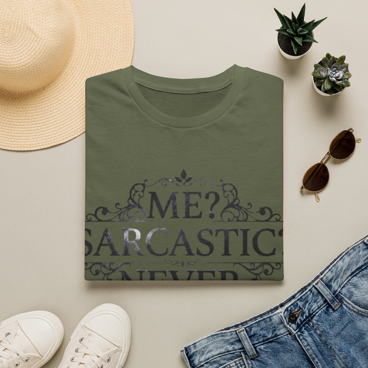 Sarcastic Adult Tee — "Me? Sarcastic? Never." Vintage Ornate Graphic T-Shirt