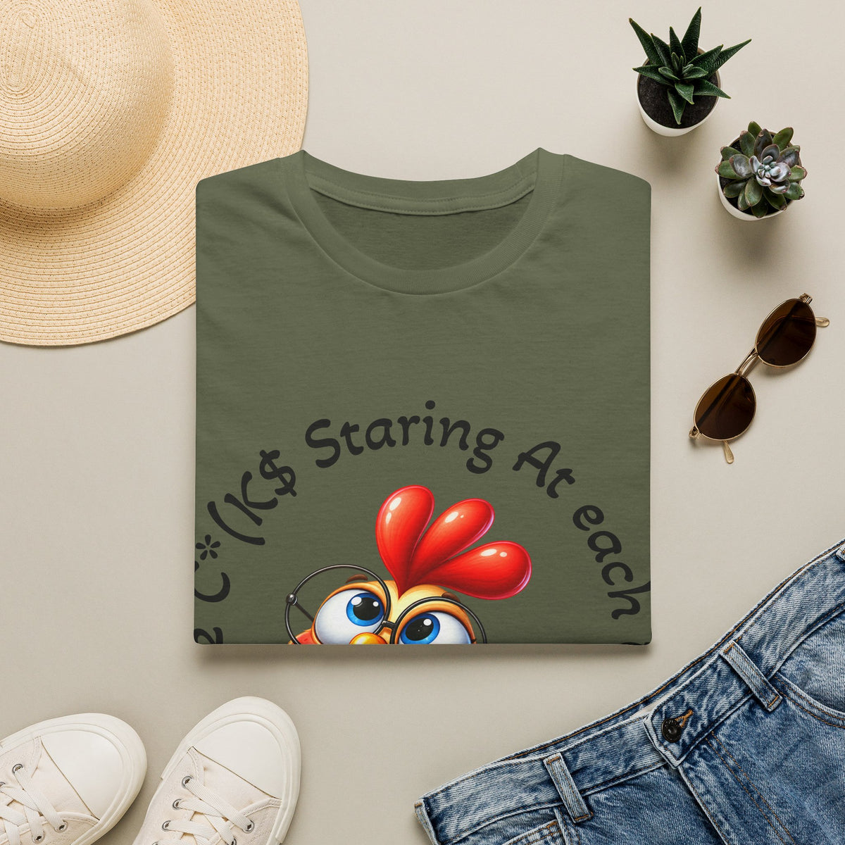 Chicken Cartoon Adult T-Shirt — "Staring At Each Other" Cute Funny Graphic Tee