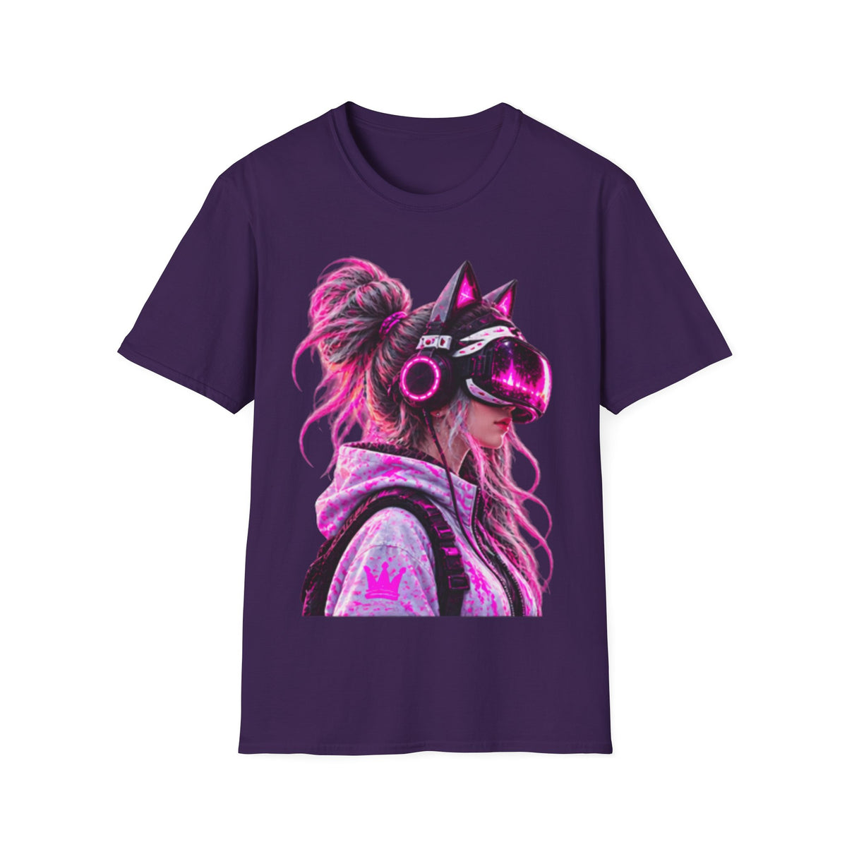 Cat VR Gamer Adult T‑Shirt — Neon Pink Cyberpunk Kitty Gamer Tee