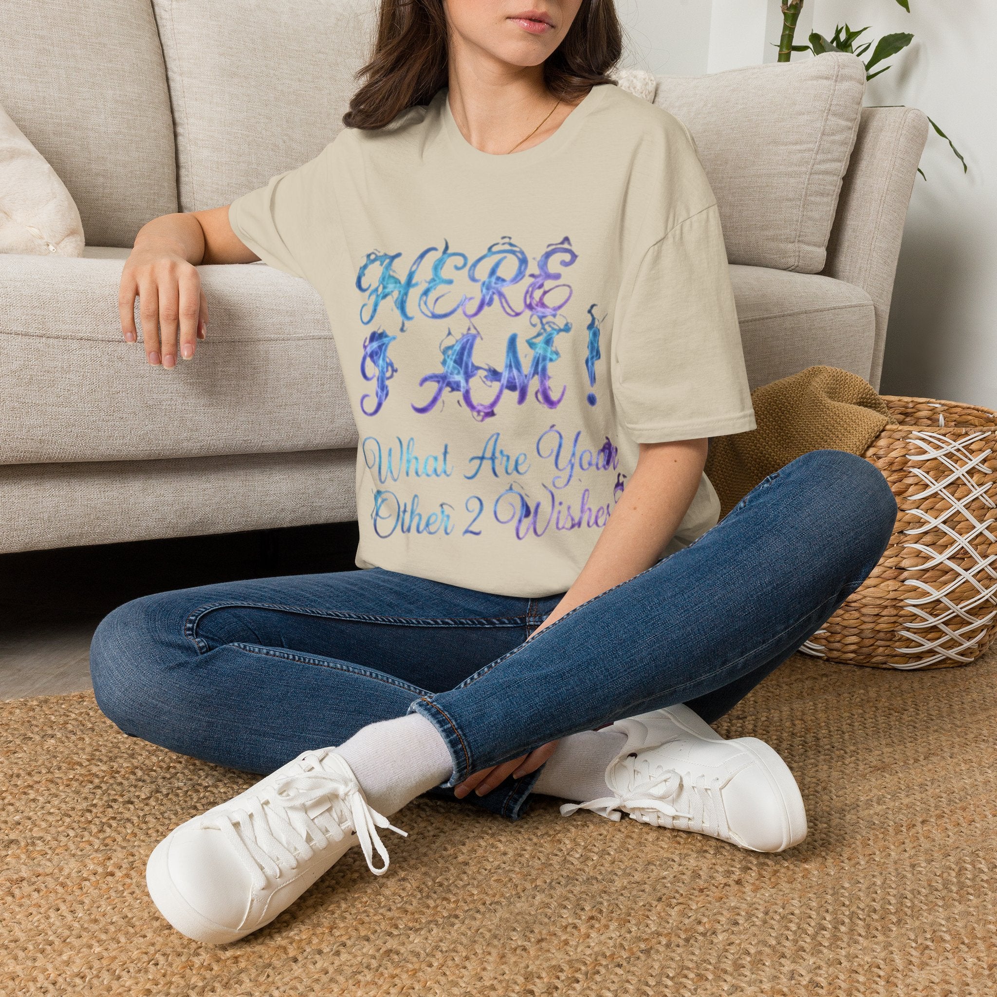 Adult T-Shirt — "Here I Am! What Are Your Other 2 Wishes?" Floral Script Graphic Tee