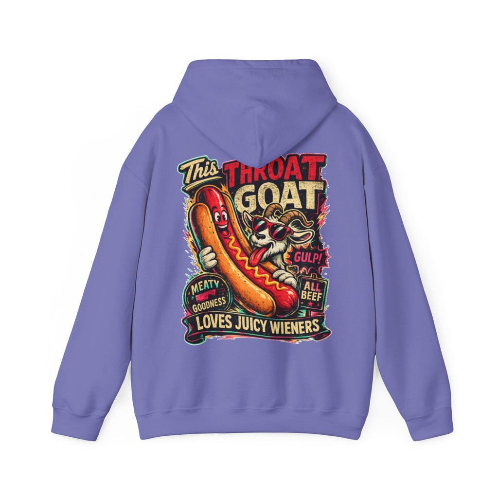 Hot Dog Goat Adult Hoodie - "This Throat Goat Loves Juicy Wieners" Graphic Hooded Sweatshirt