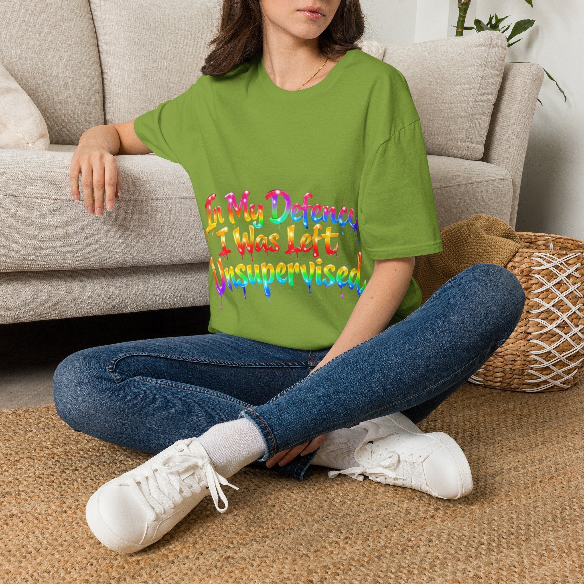 In My Defense I Was Left Unsupervised Adult T-Shirt – Funny Rainbow Casual Tee for Women & Men