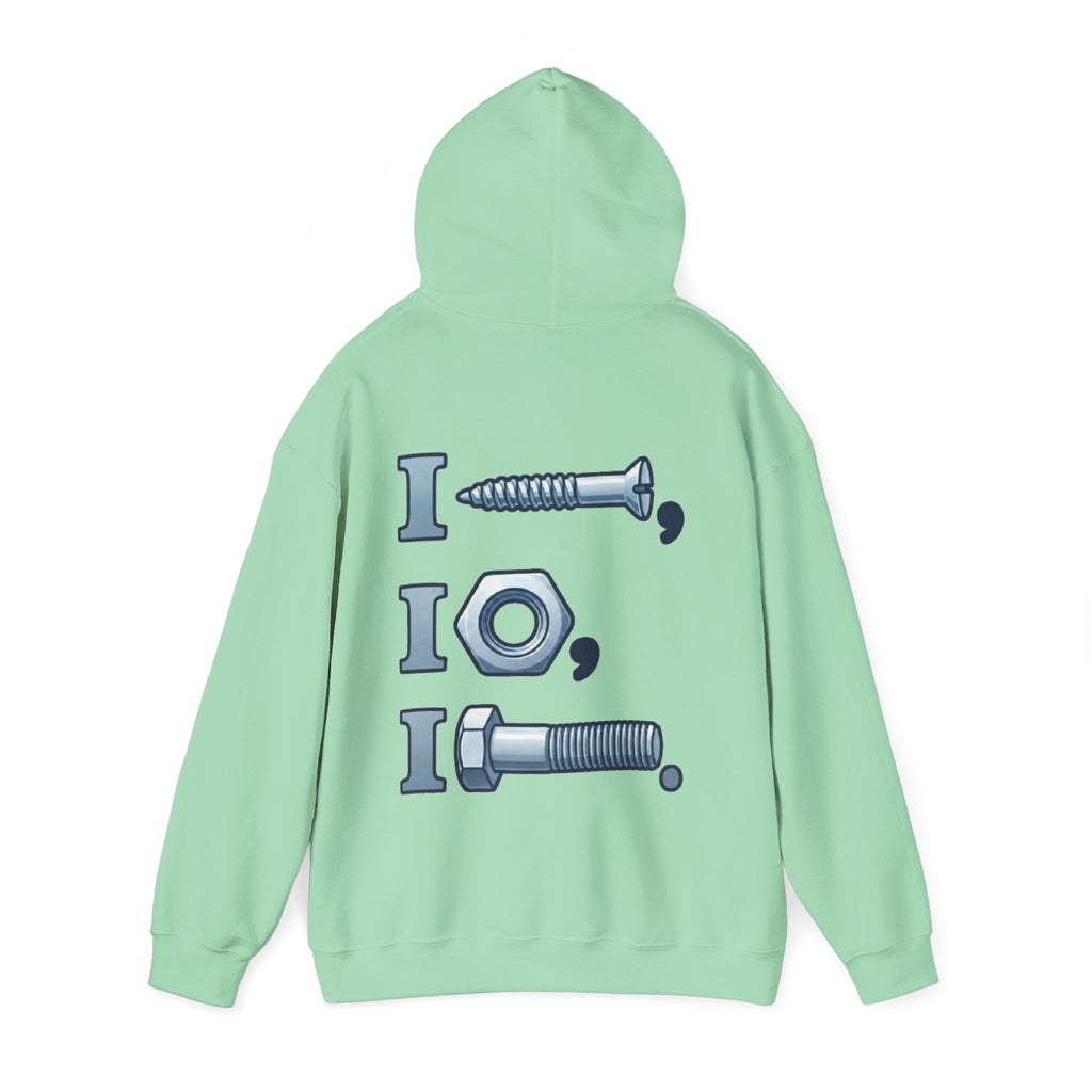 Screw, Nut, Bolt Adult Hoodie — Mechanical Pun Graphic Hooded Sweatshirt