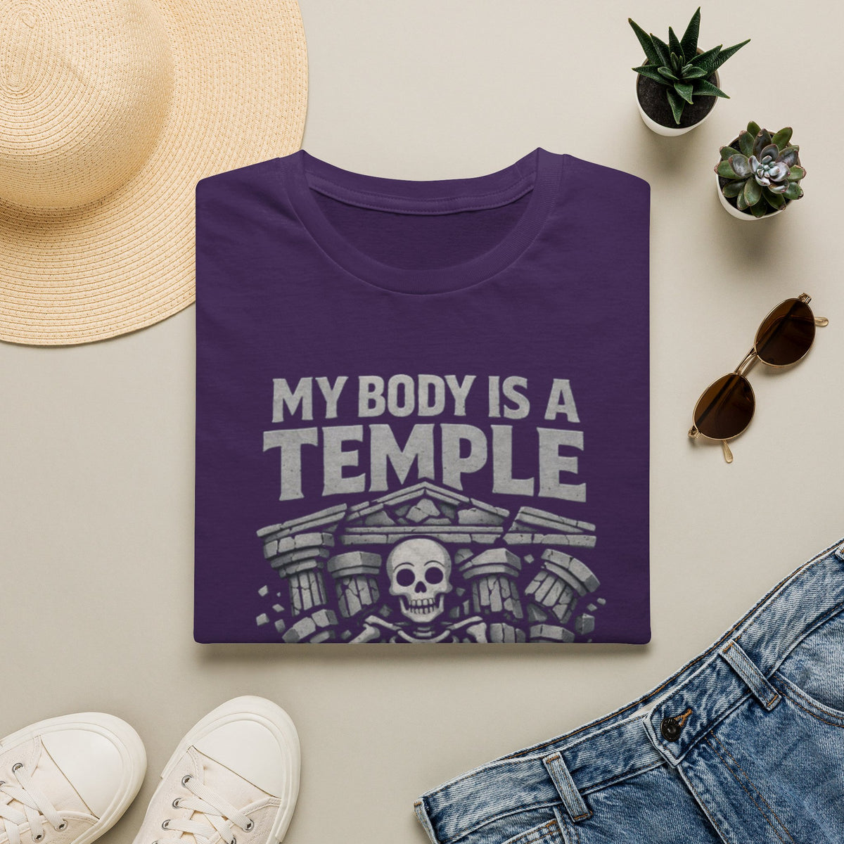 Temple Skeleton Adult T-Shirt — "My Body Is a Temple" Vintage Gothic Tee