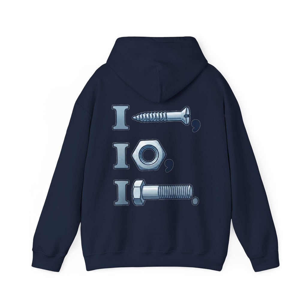 Screw, Nut, Bolt Adult Hoodie — Mechanical Pun Graphic Hooded Sweatshirt