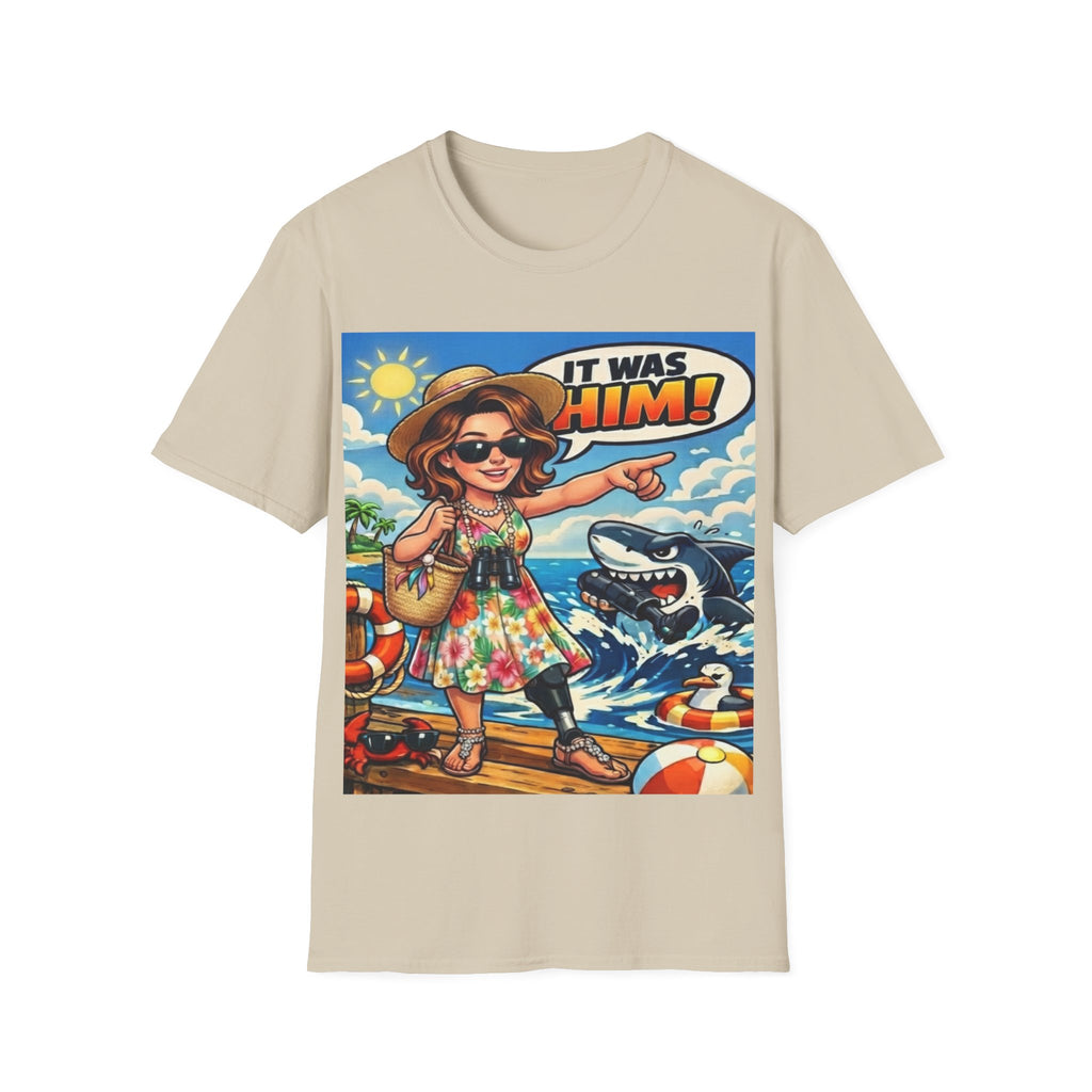 Adult T-Shirt — 'It Was Him!' Beach Shark Graphic Tee