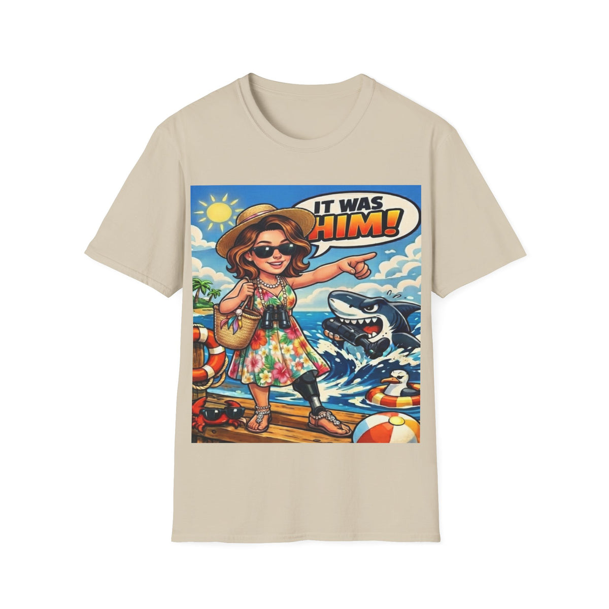 Adult T-Shirt — 'It Was Him!' Beach Shark Graphic Tee