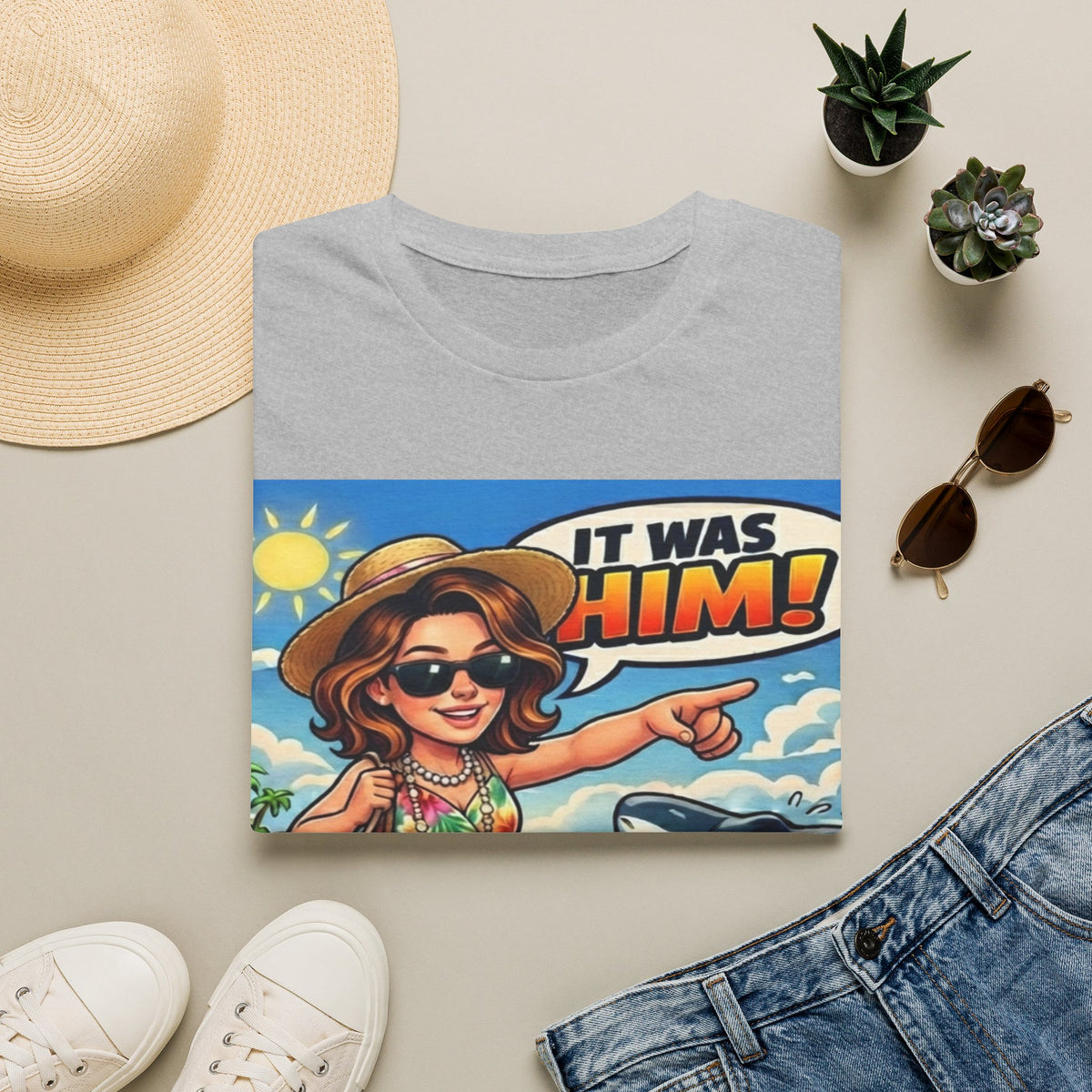 Adult T-Shirt — 'It Was Him!' Beach Shark Graphic Tee