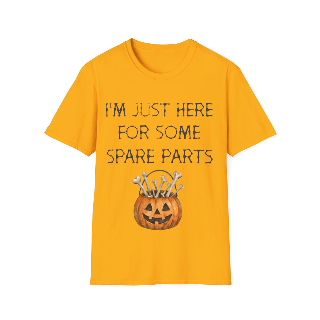 Halloween Pumpkin Jack-o'-Lantern Adult T-Shirt — "I'm Just Here For Some Spare Parts"