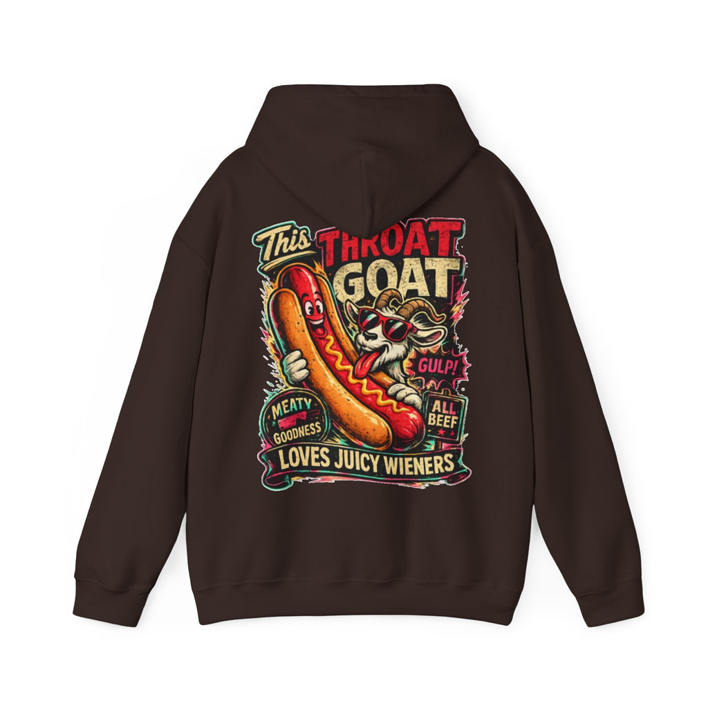 Hot Dog Goat Adult Hoodie - "This Throat Goat Loves Juicy Wieners" Graphic Hooded Sweatshirt