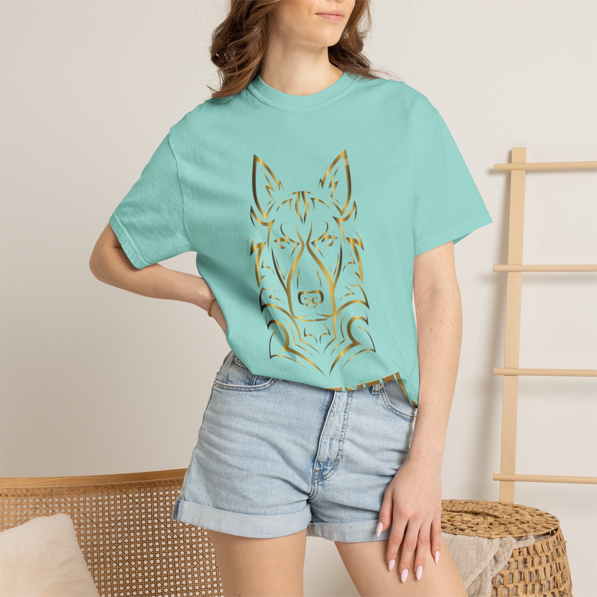 The Angel Wolf Adult T-Shirt — Gold Line Art Graphic Tee