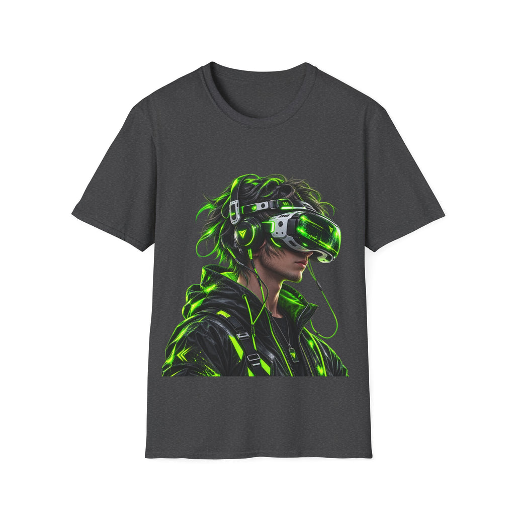 Cyberpunk VR Gamer Adult T-Shirt — Neon Green Virtual Reality Jacket Design