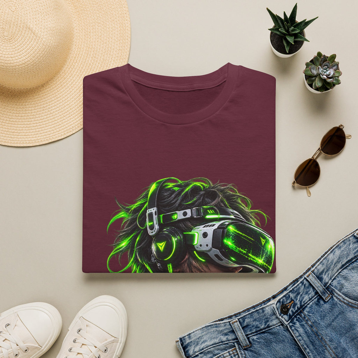 Cyberpunk VR Gamer Adult T-Shirt — Neon Green Virtual Reality Jacket Design