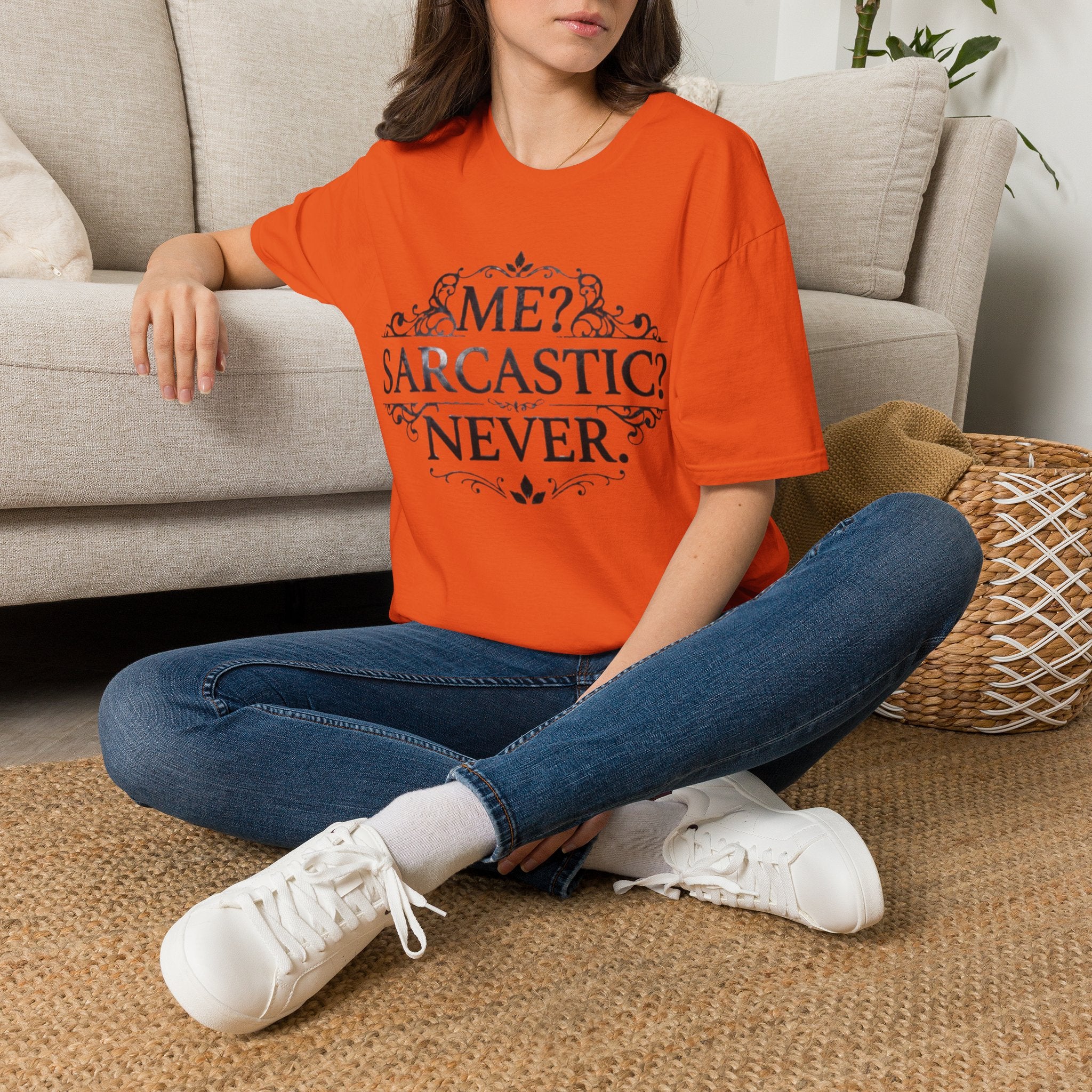 Sarcastic Adult Tee — "Me? Sarcastic? Never." Vintage Ornate Graphic T-Shirt