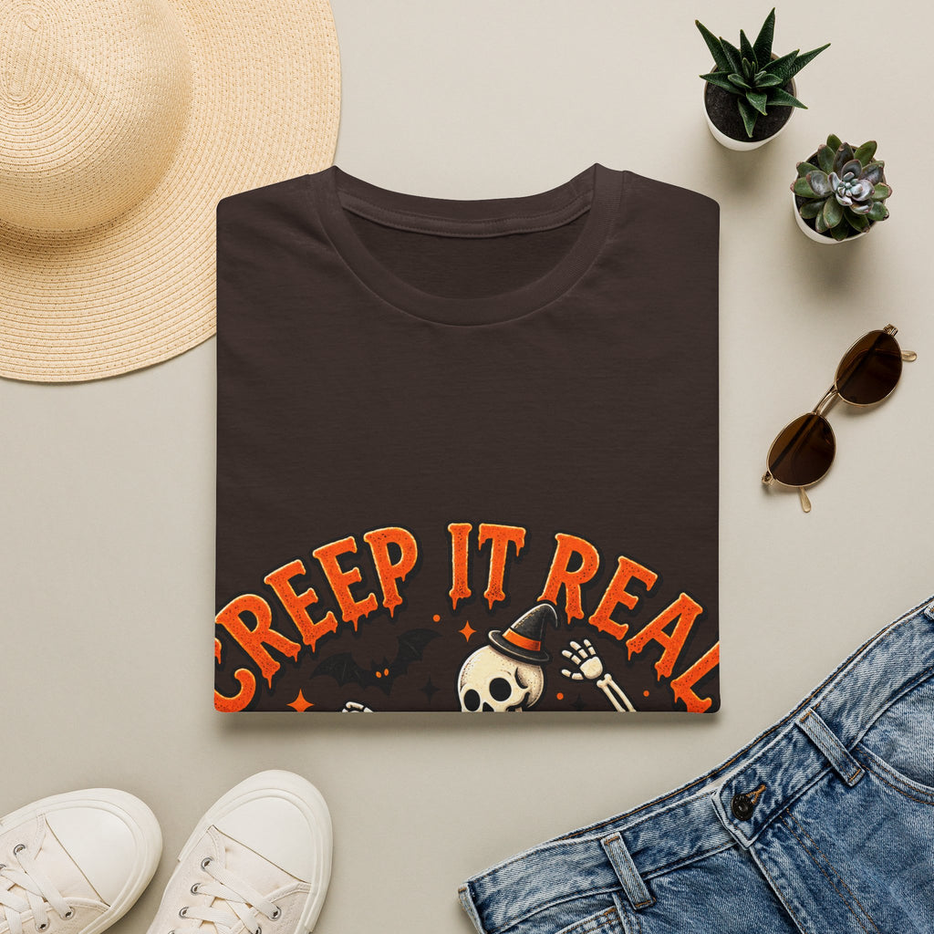 Creep It Real Halloween Adult T-Shirt — Dancing Skeleton & Pumpkin Graphic