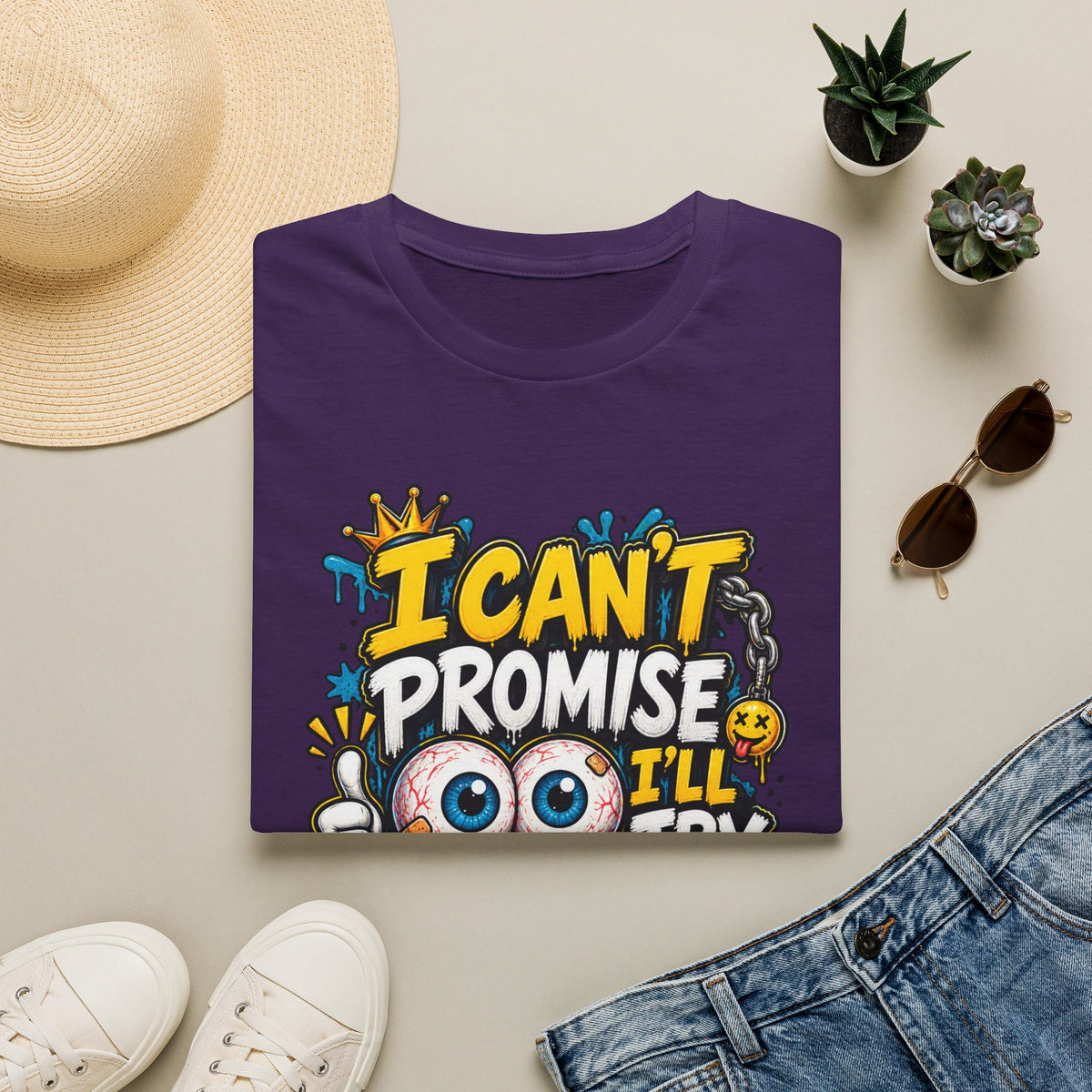 I Can't Promise I'll Try Graphic Adult T-Shirt — Funny Motivational Casual Tee