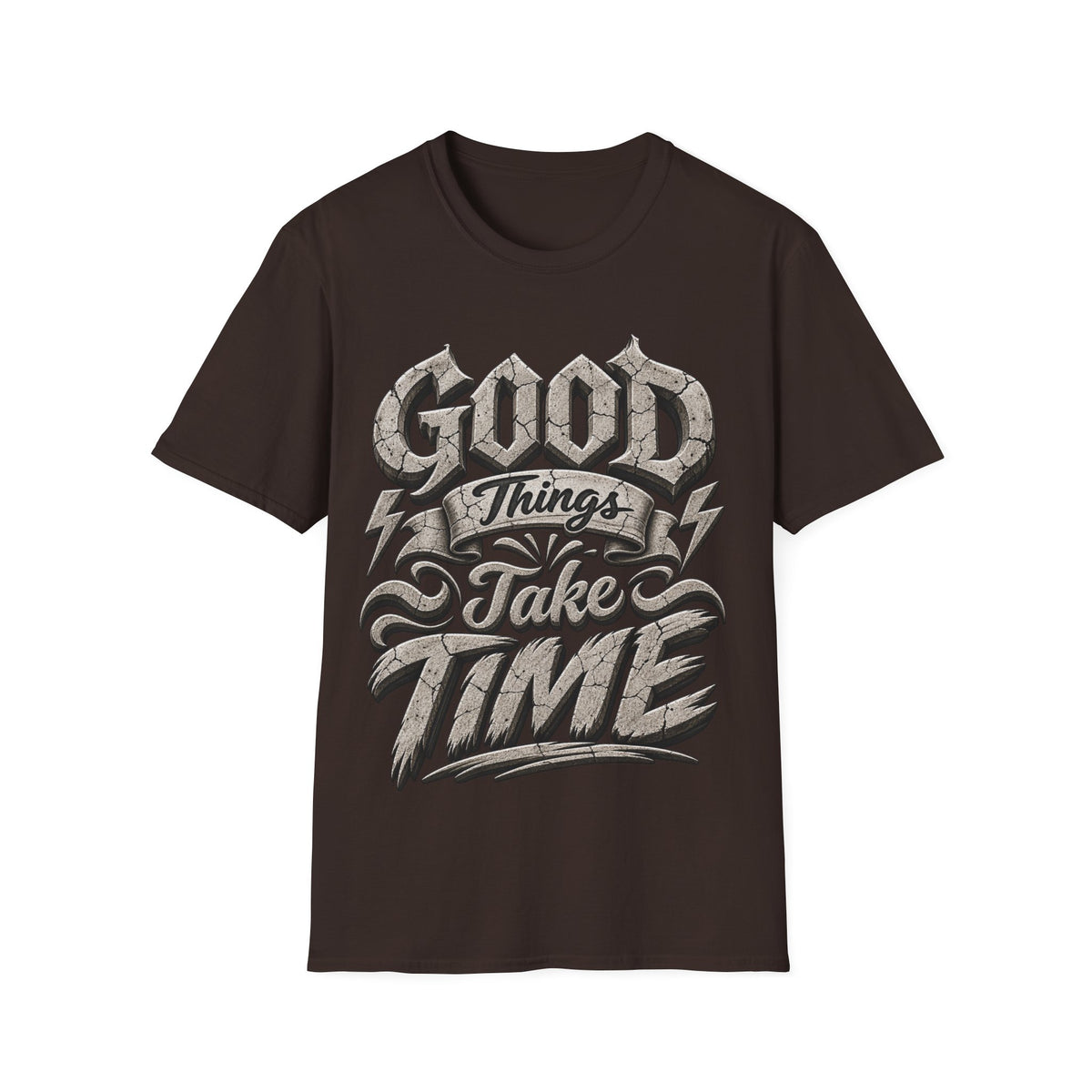 Adult T-Shirt — 'Good Things Take Time' Vintage Script Graphic Tee