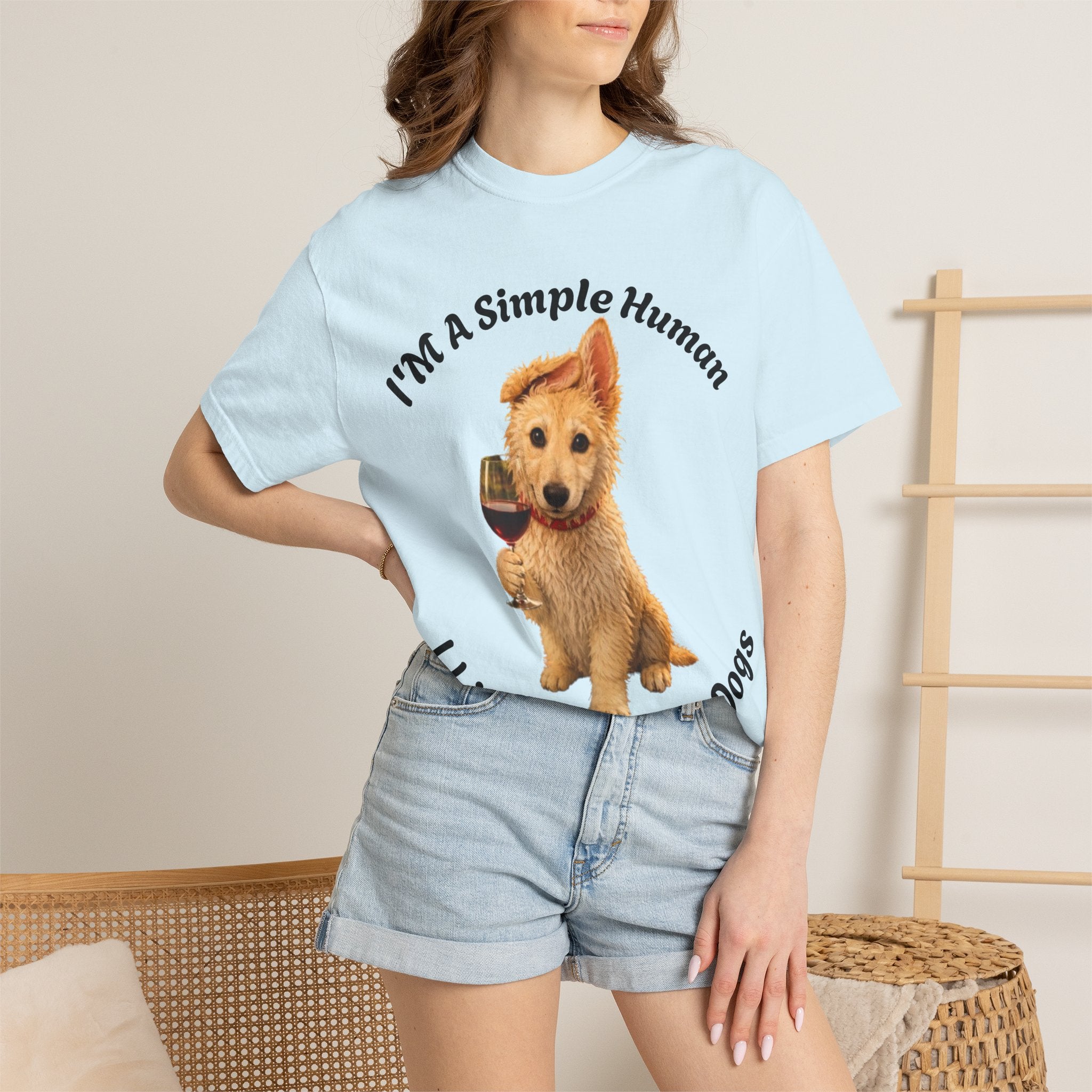Adult T-Shirt — "I'm A Simple Human I Like Wine And Dogs" Cute Dog & Wine Graphic Tee