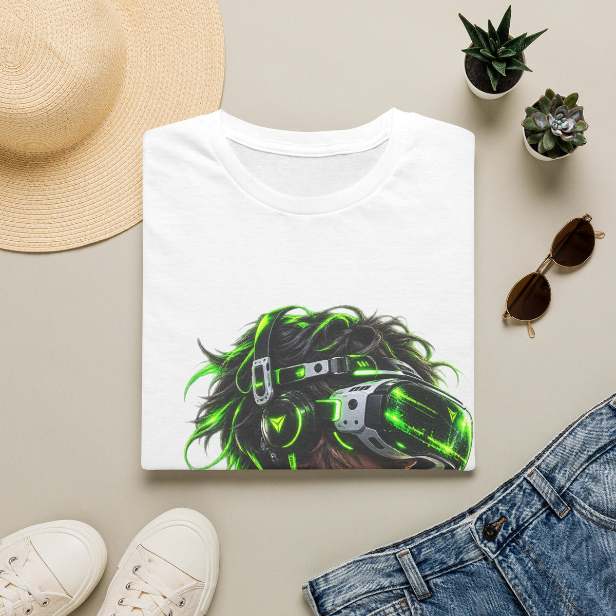 Cyberpunk VR Gamer Adult T-Shirt — Neon Green Virtual Reality Jacket Design