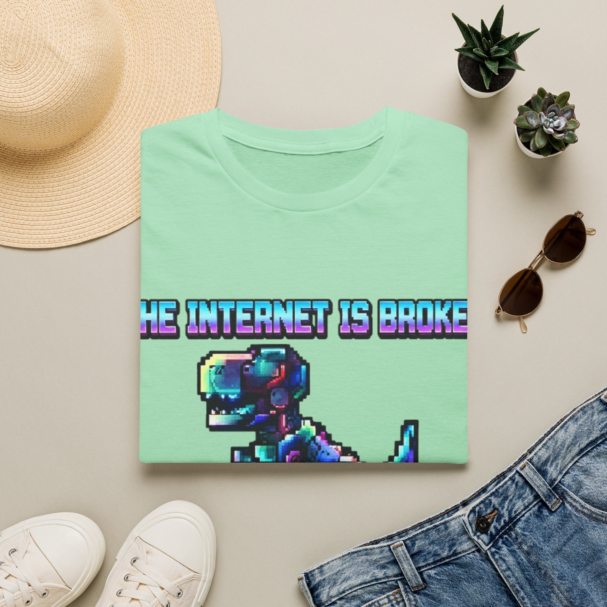 Internet Is Broke Adult  T-Shirt — Retro Pixel Dino "So Am I" Graphic Tee