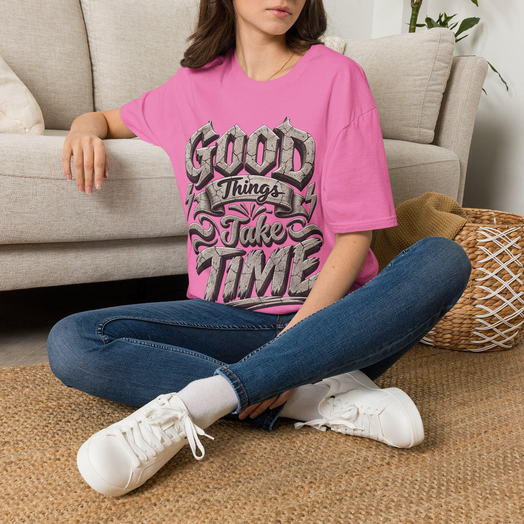Adult T-Shirt — 'Good Things Take Time' Vintage Script Graphic Tee