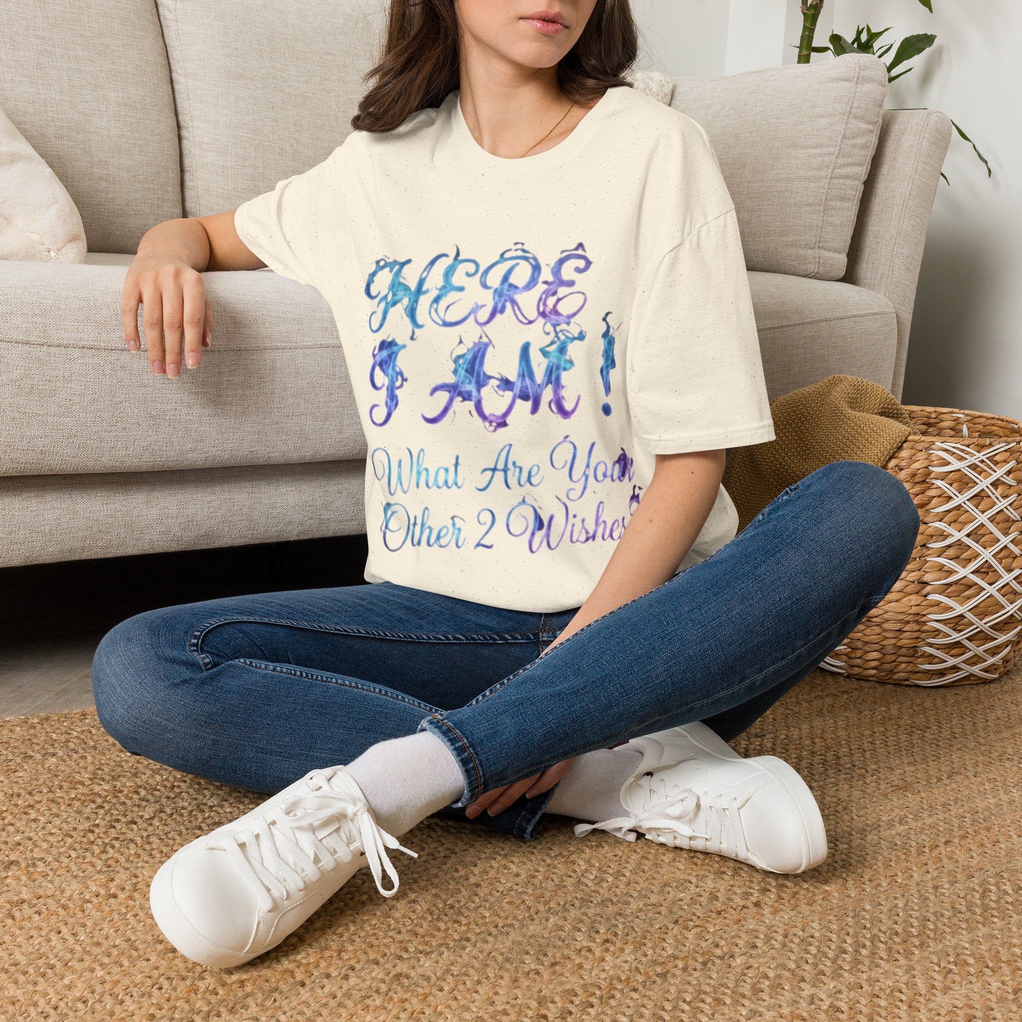 Adult T-Shirt — "Here I Am! What Are Your Other 2 Wishes?" Floral Script Graphic Tee