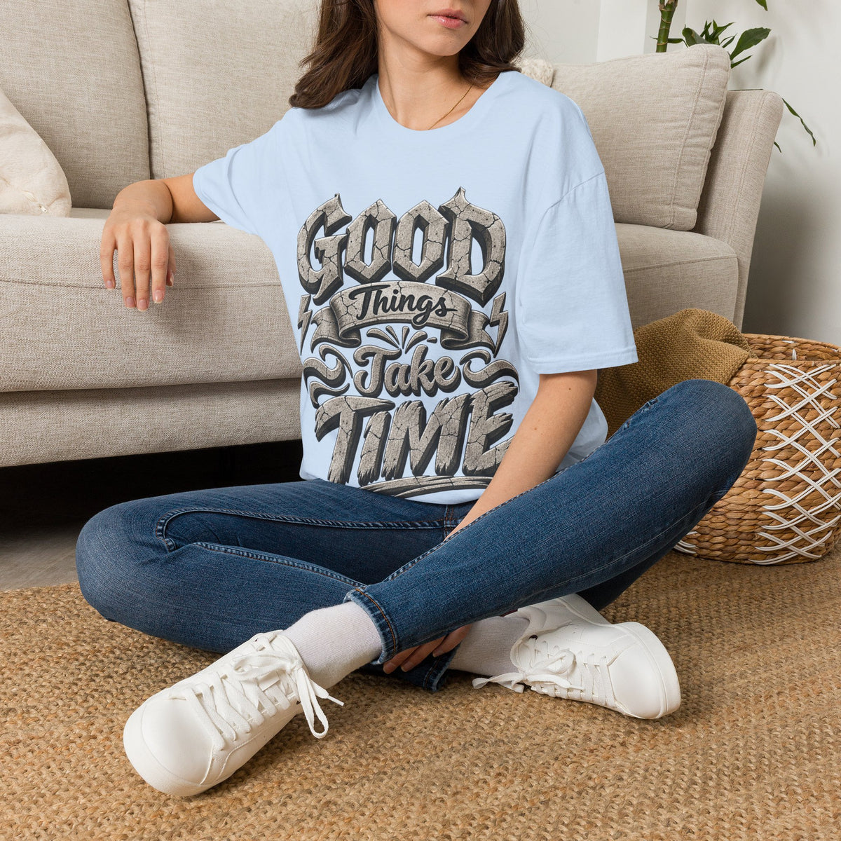 Adult T-Shirt — 'Good Things Take Time' Vintage Script Graphic Tee