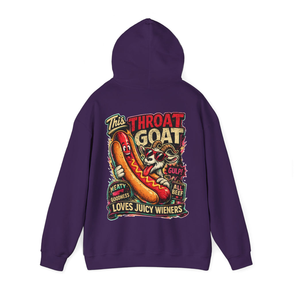 Hot Dog Goat Adult Hoodie - "This Throat Goat Loves Juicy Wieners" Graphic Hooded Sweatshirt